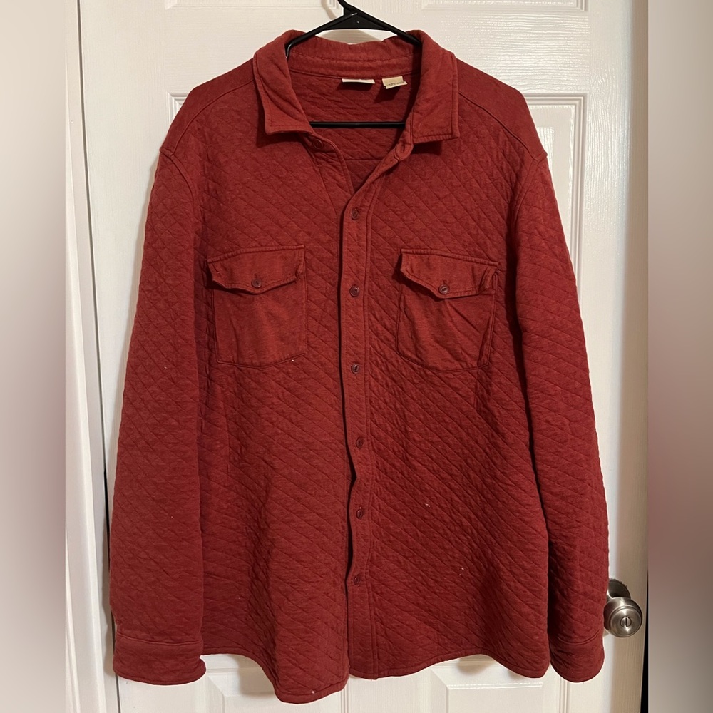 Red, long sleeve button up coat